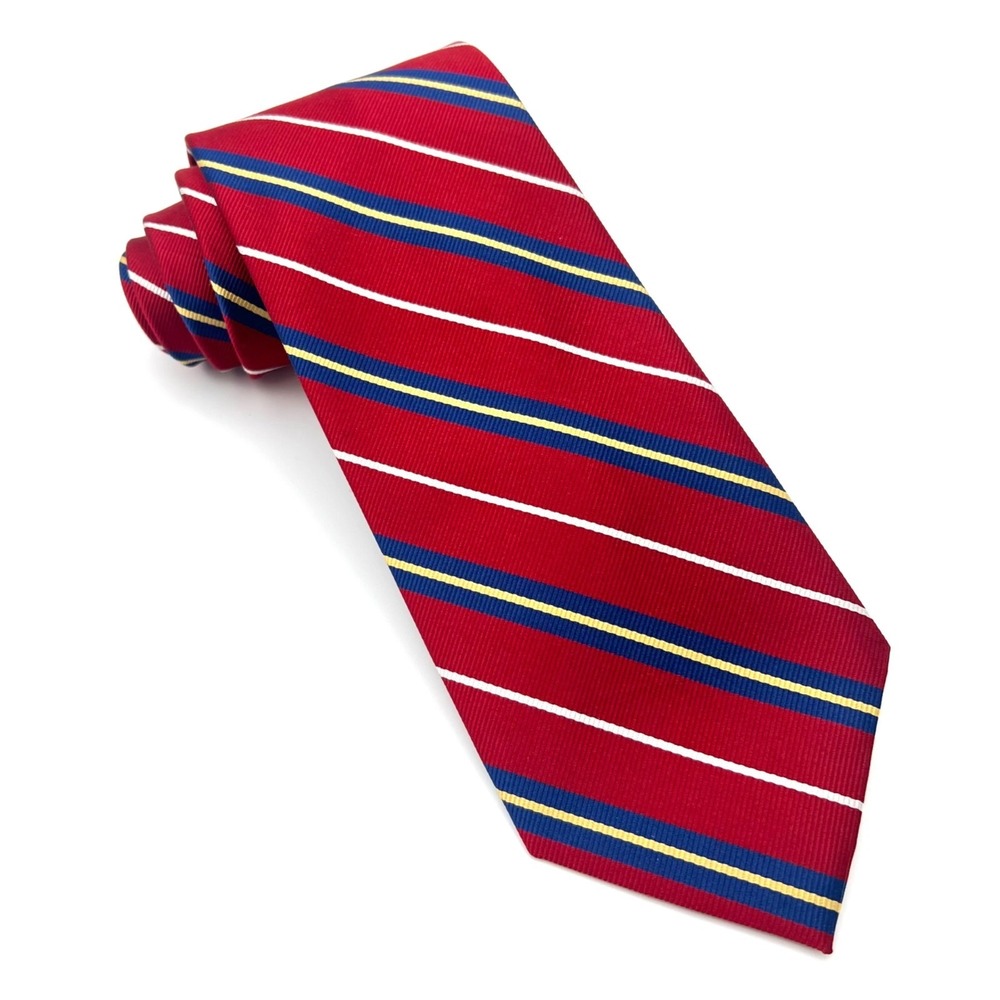 Rooster Tie Repp Silk Men's Red Diagonal Striped Blue Yellow 3.25"‎ Necktie